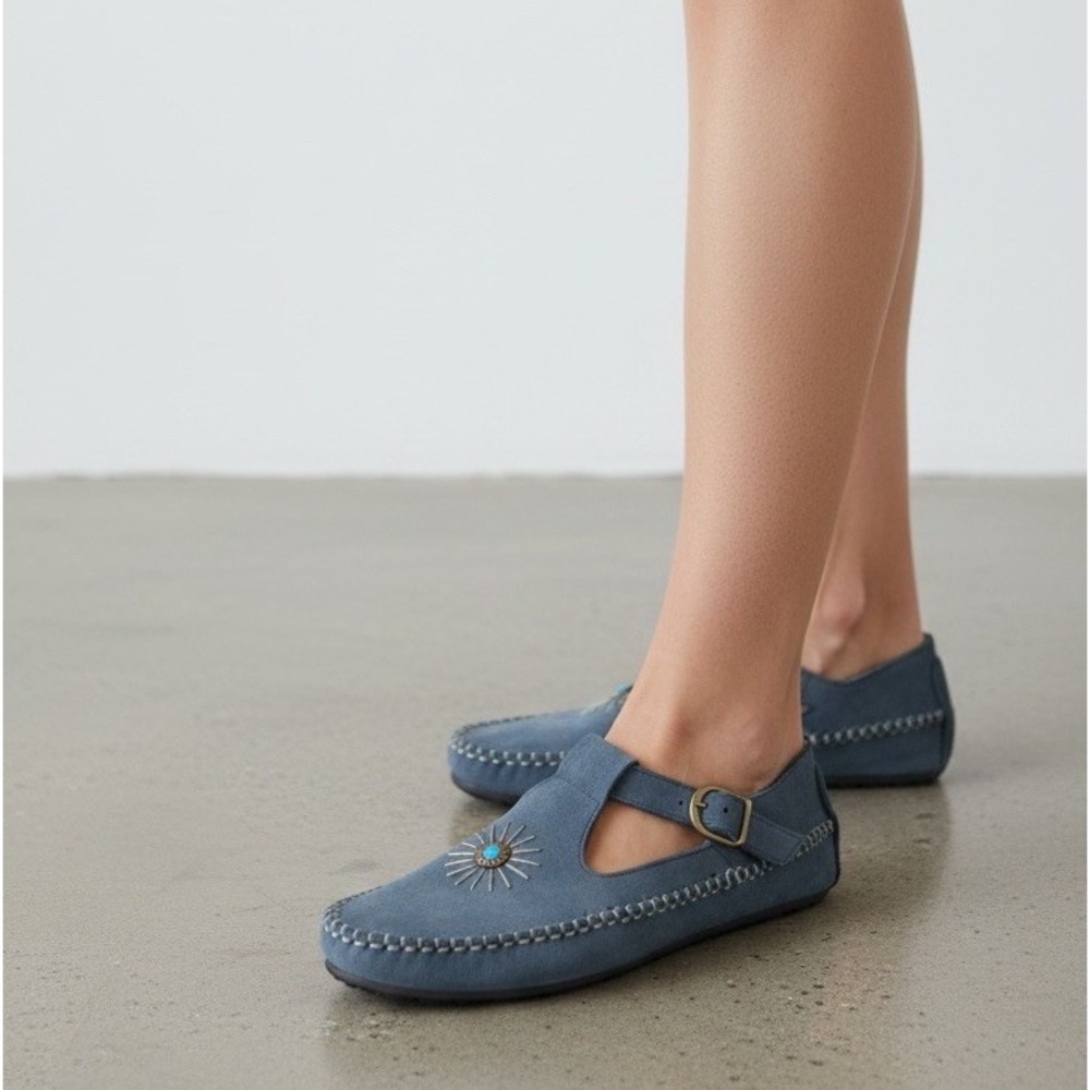 Hush Puppies 57910 Womens 10M Blue Suede Sunburst Turquoise Mary Jane Moccasins